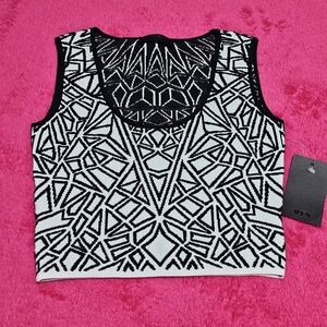 RVN Jacquard Textured Black and White Geometric Crop Top